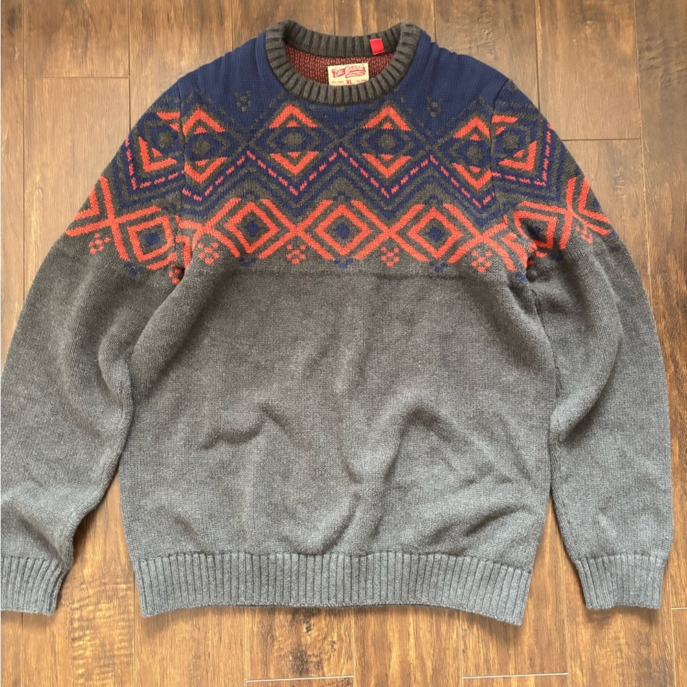 Gray, Blue, and Orange Patterned Sweater